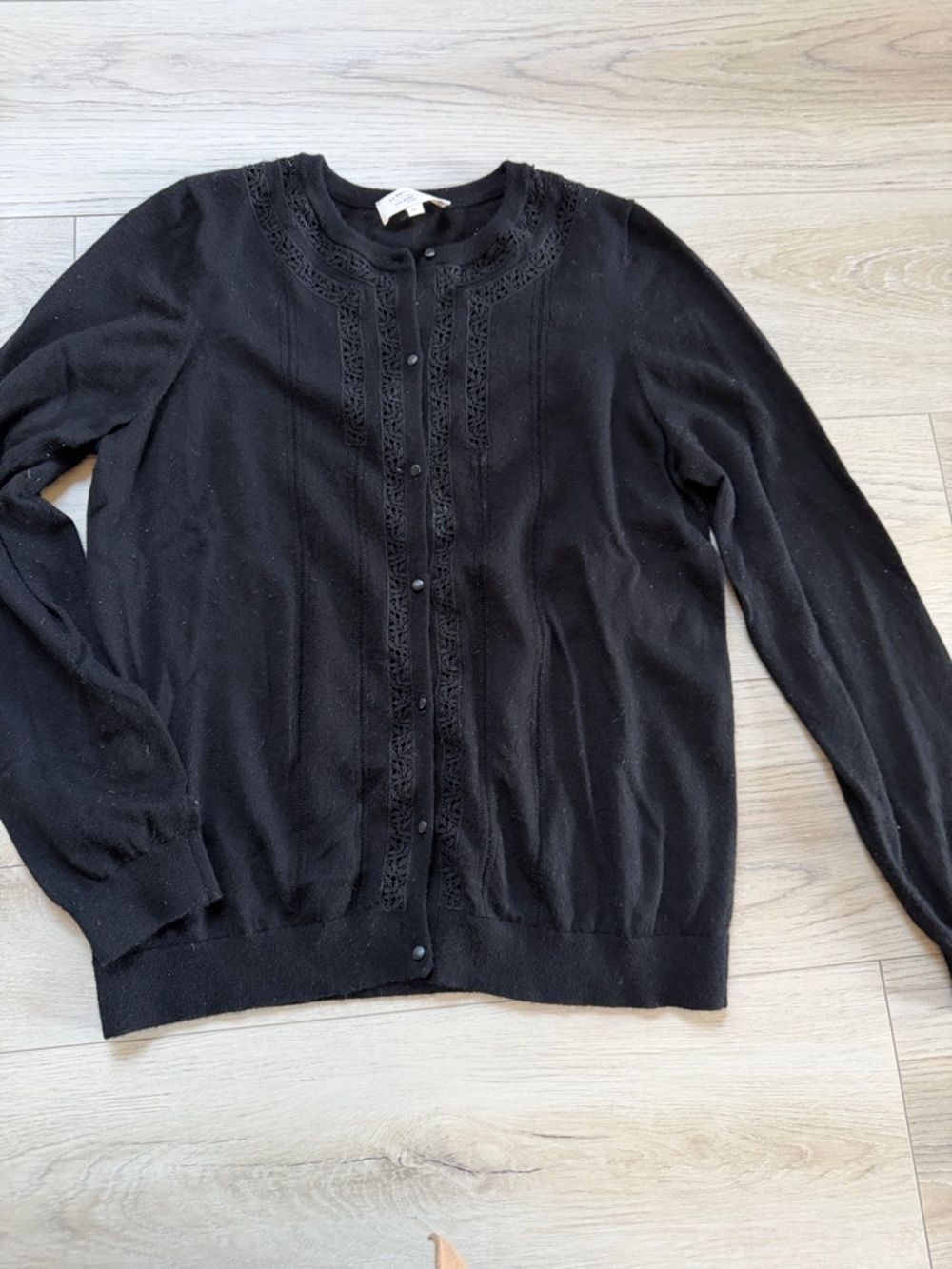 Sézane Eleanor Black Knit Button-Front Cardigan with Lace Trim